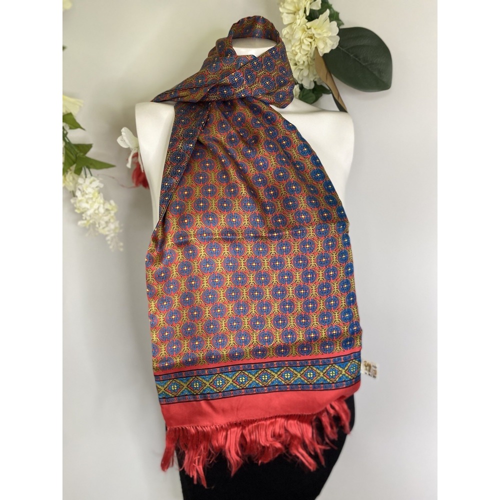Vintage 100% Silk Rectangular‎ Scarf Japanese Fringe Red Blue Multi 12"x45" NWOT